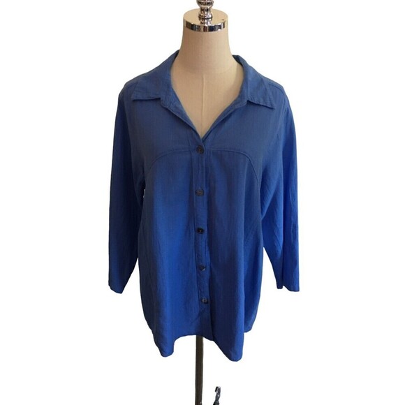 Color Me Cotton Tops - Color Me Cotton Top Women's Size XL Blue 3/4 Sleeve Button Up Cotton